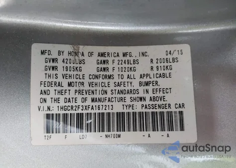 2015 Honda Accord Lx из США, поврежденный, VIN 1HGCR2F3XFA167213